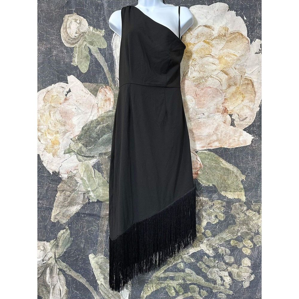 New Anthropologie HutchNWT Fringed Fringe One-Shoulder Midi Dress Black Size S - Picture 4 of 7